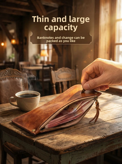 High Quality Genuine Leather Retro Men Wallet Handmade Handbag Phone Pocket Simple Card Bag Big Capacity Soft Male Purses