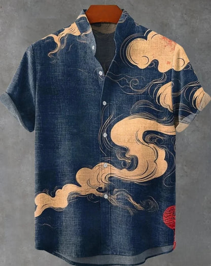 Men's striped Hawaiian shirt, casual short-sleeved top, loose and fashionable, vintage summer shirt