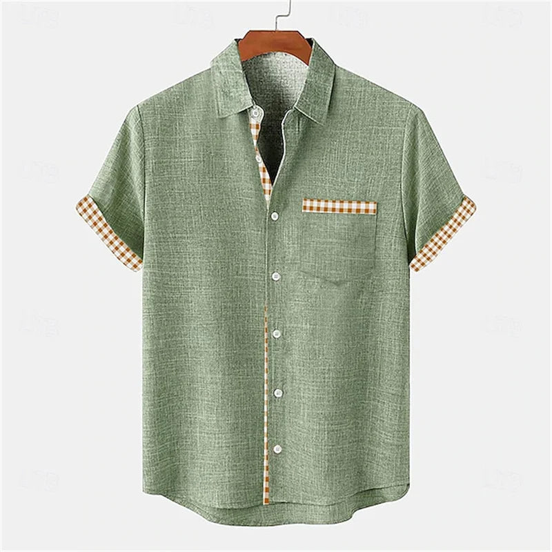 2026 Summer Men's Short-Sleeve Shirt, Coconut Tree Print, Color-Blocked Placket, Casual Vacation Beach Shirt, Hawaiian Shirt