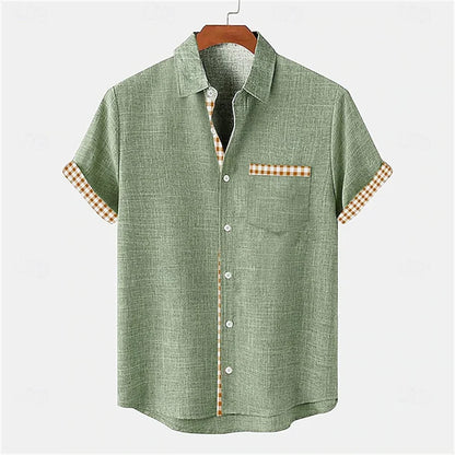 2026 Summer Men's Short-Sleeve Shirt, Coconut Tree Print, Color-Blocked Placket, Casual Vacation Beach Shirt, Hawaiian Shirt