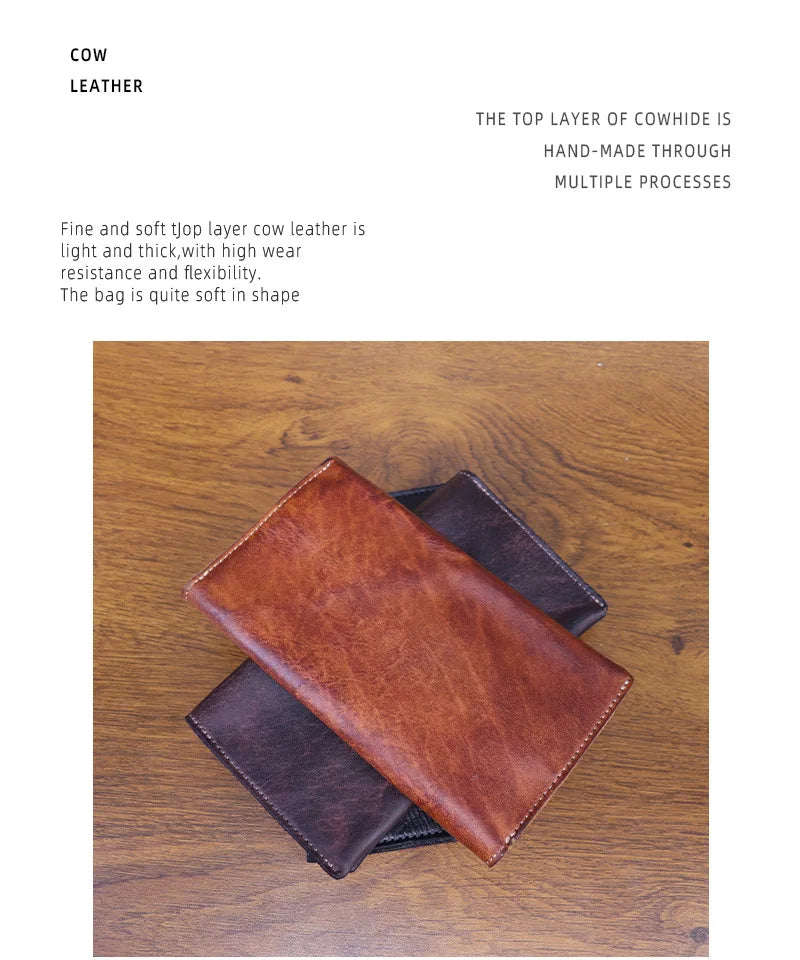 Large Capacity Men Wallet Vintage Genuine Cow Leather Handbag Card Holder Phone Pocket High Quality Handmade Male Money Clips