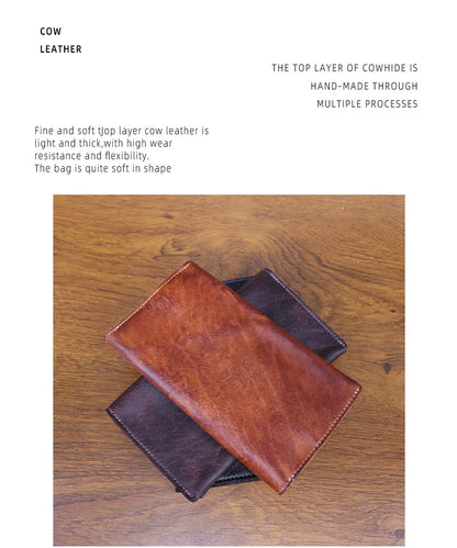 Large Capacity Men Wallet Vintage Genuine Cow Leather Handbag Card Holder Phone Pocket High Quality Handmade Male Money Clips