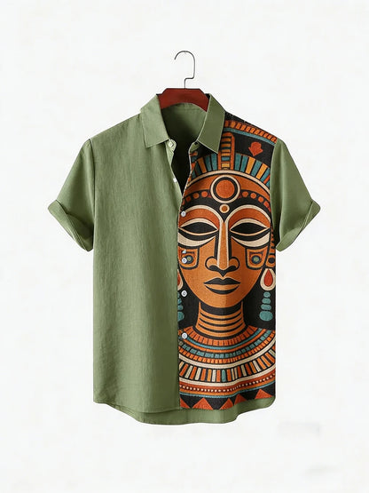 2026 Daily Men's Casual Short Sleeved Shirt with Natural Ethnic Pattern Printed Shirt Hawaii Beach Vacation Clothing