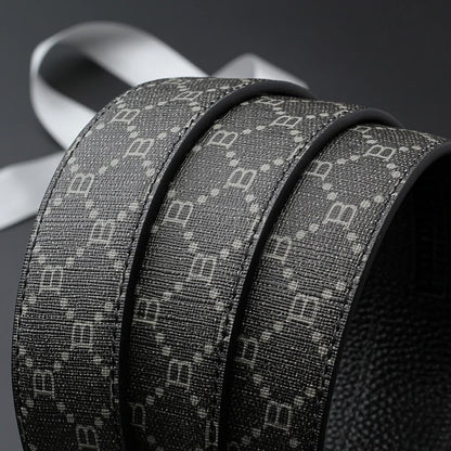 Classic B Print Leather Belt for Men - Adjustable Ratchet Buckle Dress Belt for Suits & Trousers
