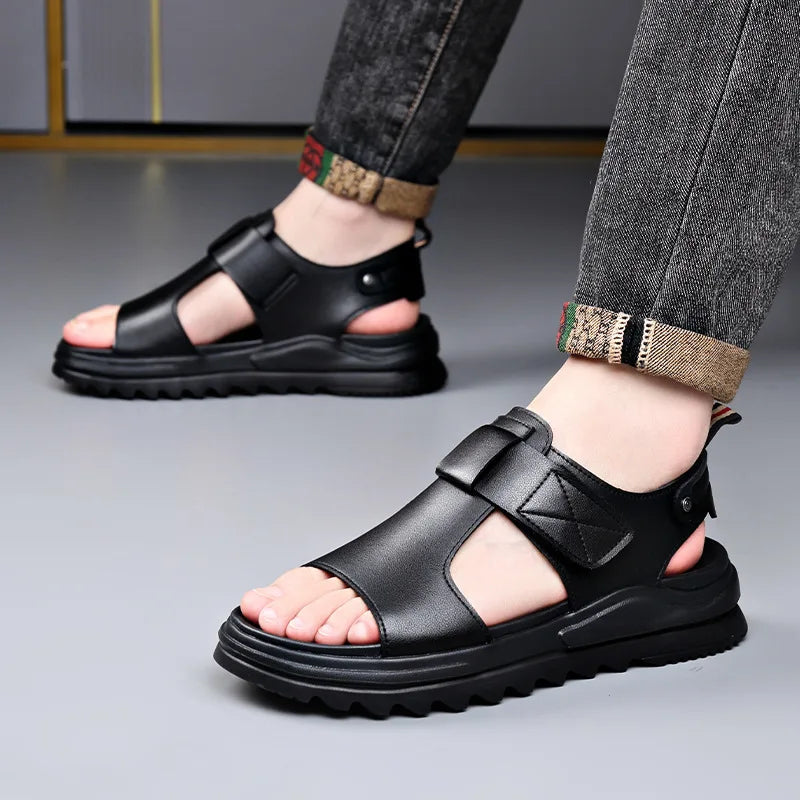 Cow Leather Men's Sandals 2026 Summer New Designer Soft Sole Fashion Casual Beach Shoes Male Black Platform Sandals Man