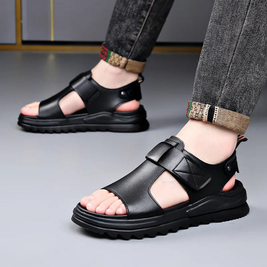 Cow Leather Men's Sandals 2026 Summer New Designer Soft Sole Fashion Casual Beach Shoes Male Black Platform Sandals Man