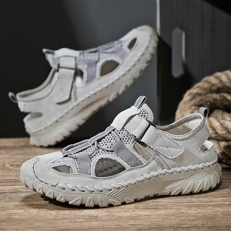 Men Outdoor Protective Toe Sandals Hollow Breathable Mesh Upper Quick Dry Lining Non Slip Walking Camping Driving Casual Shoes