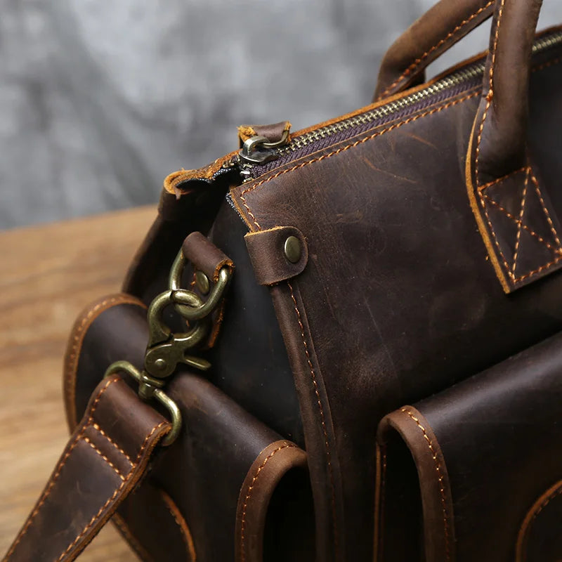 NZPJ Vintage Genuine Leather Men's Briefcase Crazy Horse  Handbag Natural Cowhide Travel Bag Casual Shoulder Crossbody Bag