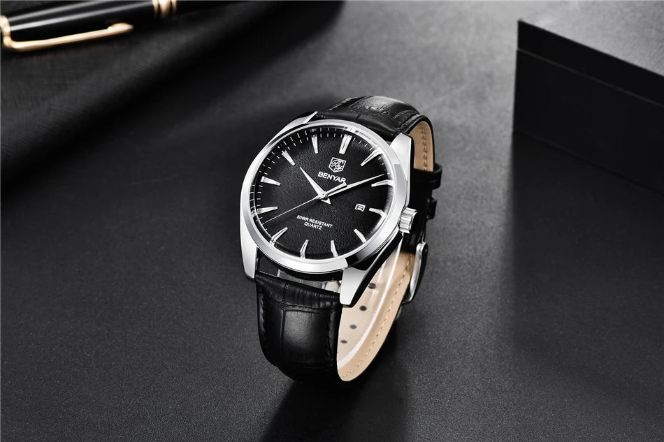 Benyar 5163 Top Brand Luxury Military Wristwatches Leather Quartz Watches Waterproof Simple Watch for Men Reloj Hombre