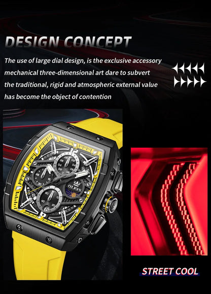 OLEVS 2975 Men's Watches Hollowed Quartz Wristwatch Silicone Strap Tonneau Large Dial Design Waterproof Luminous Watch for Men