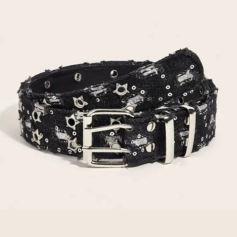 1Pc Fashion Luxury Belt Black Punk Accessories Blue Denim Girdle HipHop Y2k Star Hollowed Pin Buckle Waistband，For Men Women