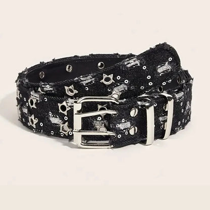 1Pc Fashion Luxury Belt Black Punk Accessories Blue Denim Girdle HipHop Y2k Star Hollowed Pin Buckle Waistband，For Men Women