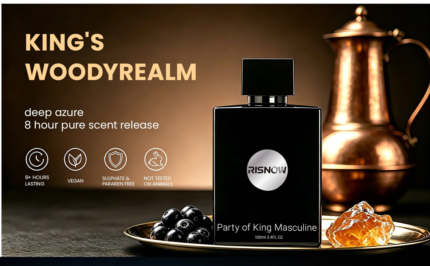 RISNOW Spicy Woody Fragrance 3.4 oz 100ml for Men - Party of King Masculine with Bergamot Pineapple Birch Patchouli Long-Lasting Luxury Arabian Men's Perfume