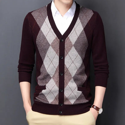 Spring Autumn Men's Argyle Patchwork Knit Cardigan Fashion V-Neck Smart Casual Knitted Sweatercoat Men Slim Fit Sweater Cardigan