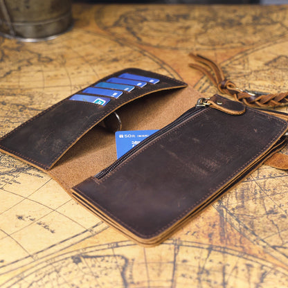 S.WORKER Vintage Crazy Horse Leather Wallet Handmade Men's Genuine Leather Long Wallet Pocket Purse Clutch Cash Card Holder