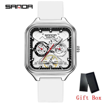 SANDA New Casual Men's Square Watches Fashion Hollow Skeleton Luminous 5ATM Waterproof Multifunction Chronograph Quartz Watch