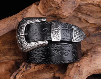 High Quality Court Style Embossed Western Cowboy Steel Buckle Belt Genuine Leather Designer Men Belt Punk Jeans Belts For Men