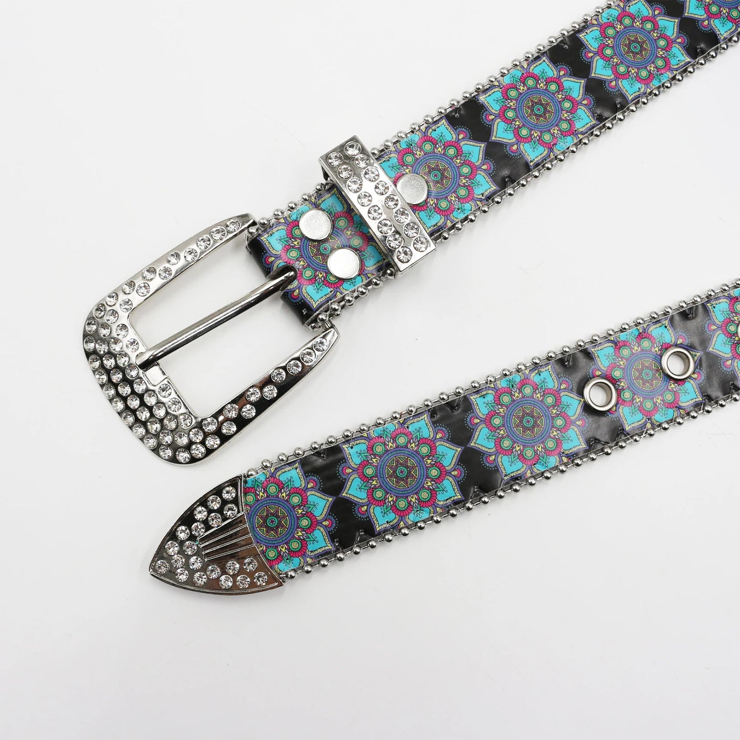 Rhinestone belt blue totem print New Women's Fashion Rhinestone Versatile Fashion PU Leather Belt Jeans Punk Rock Y2K Belt