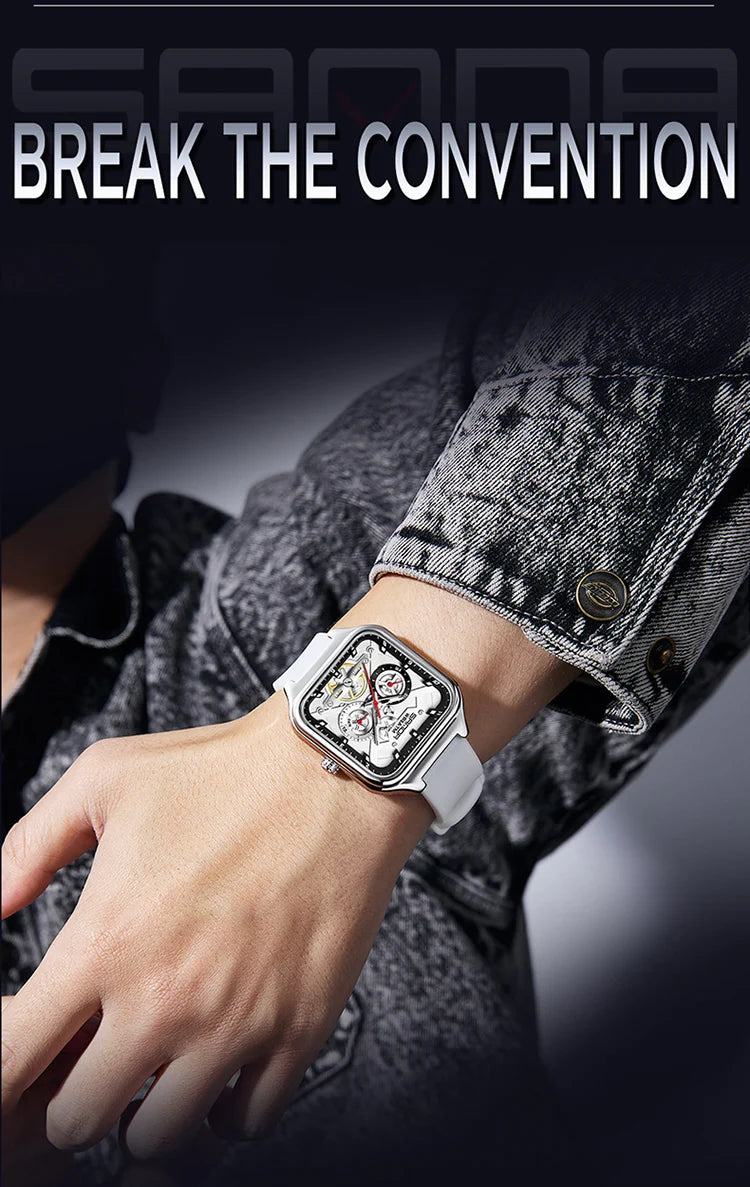 SANDA New Casual Men's Square Watches Fashion Hollow Skeleton Luminous 5ATM Waterproof Multifunction Chronograph Quartz Watch