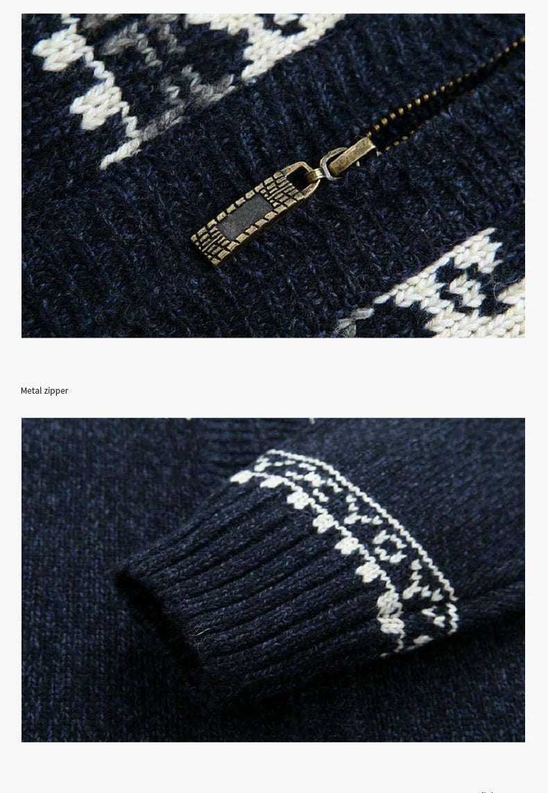 Men's Fair Isle Knitted Cardigan Full-Zip Nordic Pattern Thick Knitwear Multi-Color High-Neck Sweater Jacket for Winter