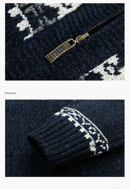 Men's Fair Isle Knitted Cardigan Full-Zip Nordic Pattern Thick Knitwear Multi-Color High-Neck Sweater Jacket for Winter