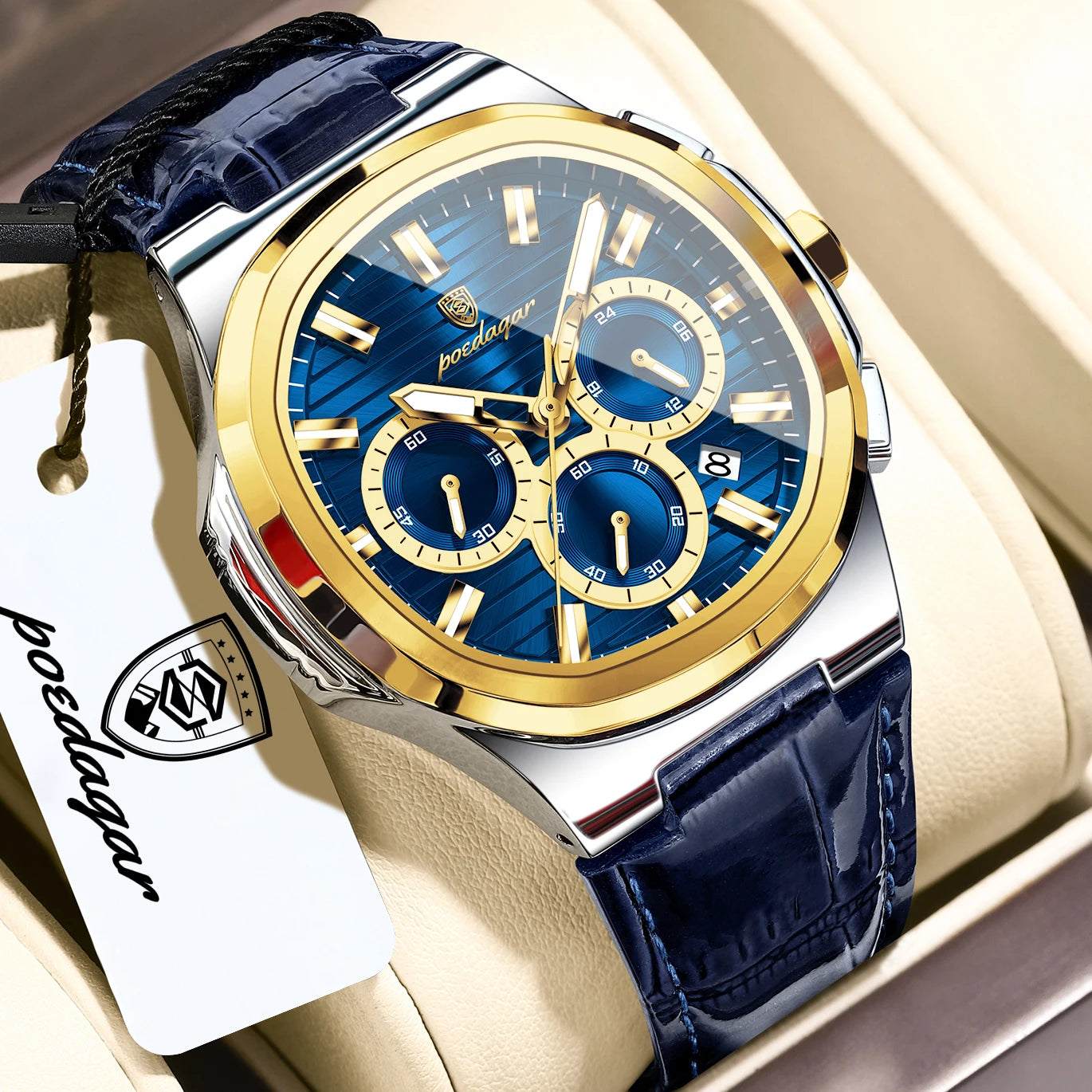 POEDAGAR Top Business Man Wristwatch Date Chronograph Waterproof Luminous Luxury Men Watch Leather Quartz Men's Watches Male+Box