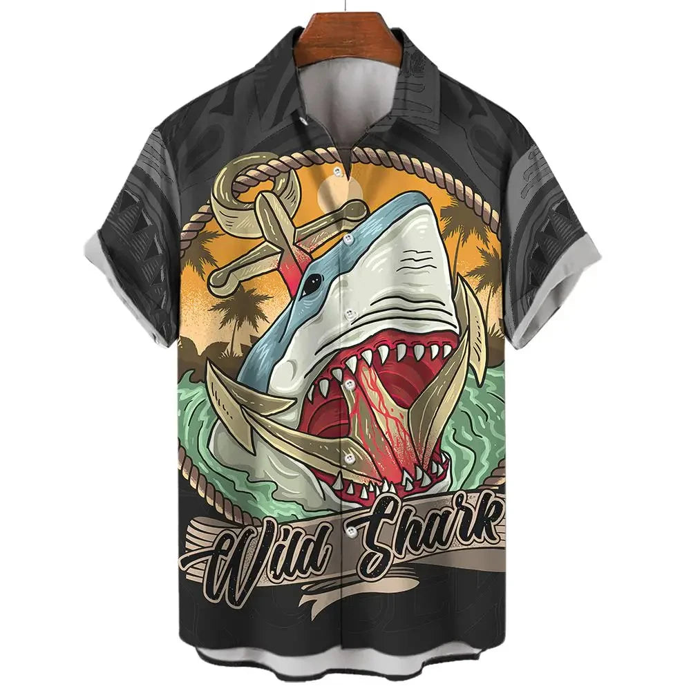 New Men Hawaiian Shark Blouse Tshirt 3D Animal Print Clothes Fashion Button Men's Shirts Short Sleeve Lapel Streetwear Shirt Top