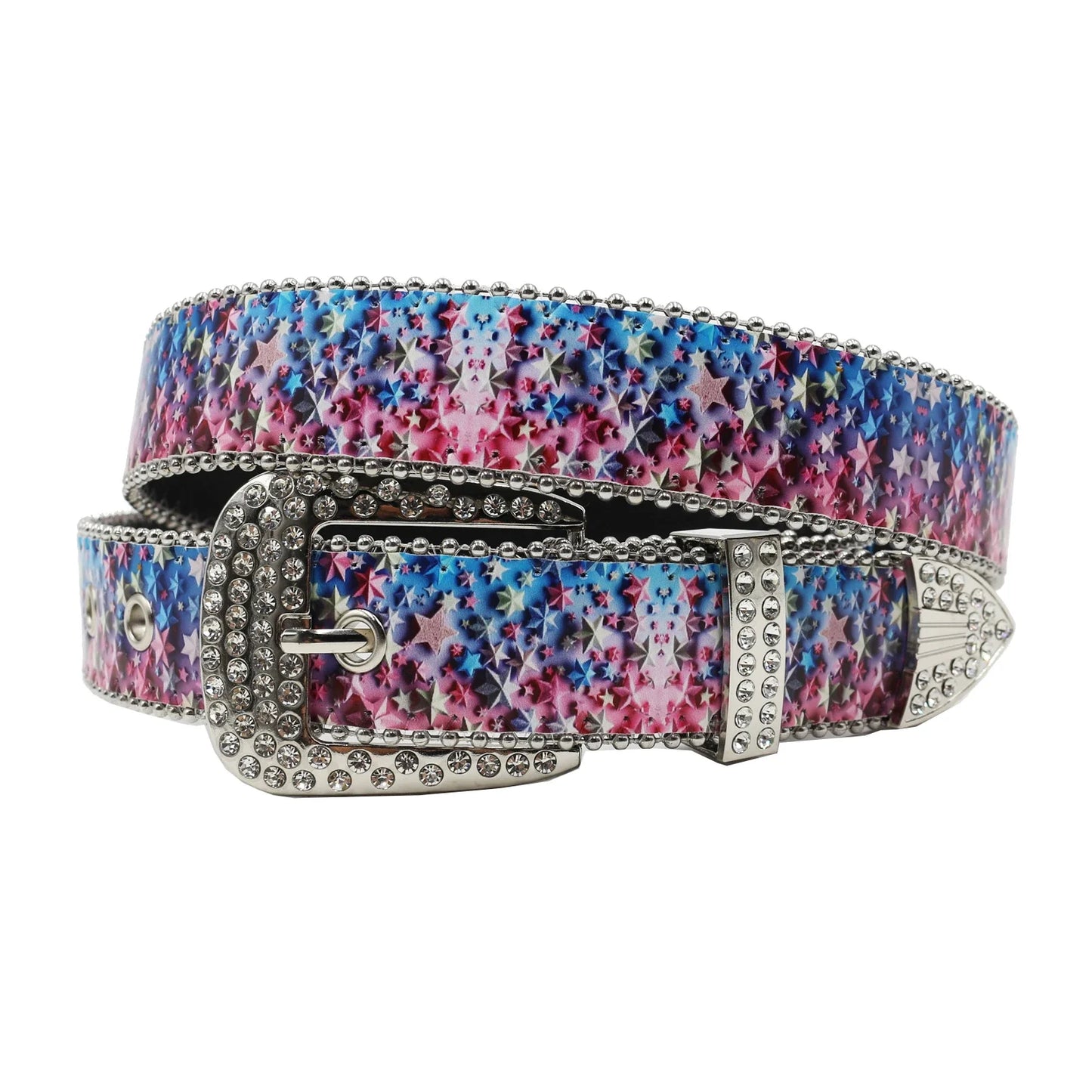 Rhinestone belt blue totem print New Women's Fashion Rhinestone Versatile Fashion PU Leather Belt Jeans Punk Rock Y2K Belt