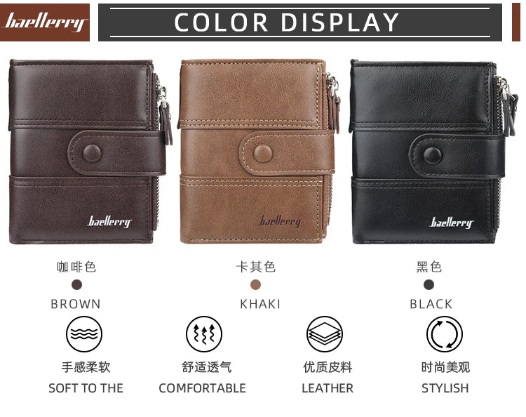 New  Men Wallets Fashion Short Desigh Zipper Card Holder Men Leather Purse Solid Coin Pocket High Quality Male Purse
