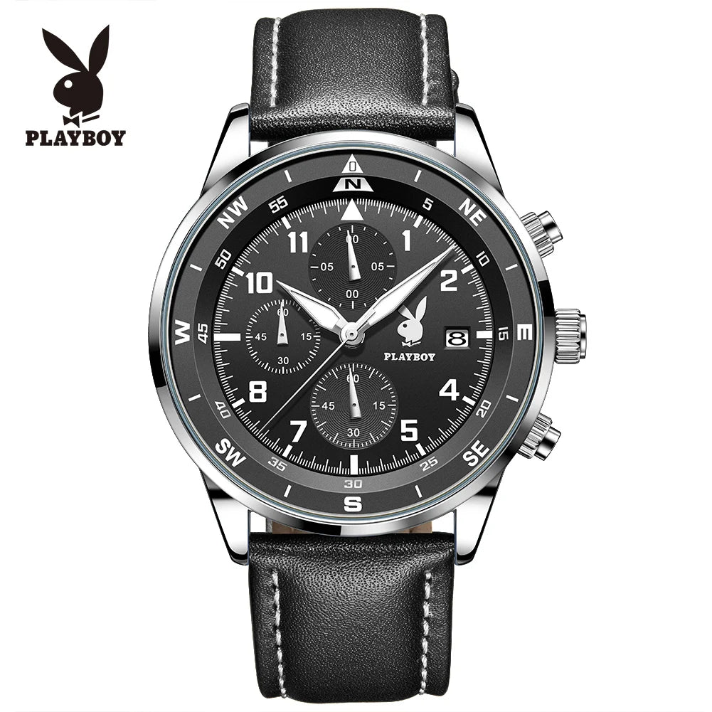PLAYBOY Luxury Quartz Men's Watches Fashion Casual Leather Strap Sports Chronograph Wristwatch Original Waterproof Watches 3303