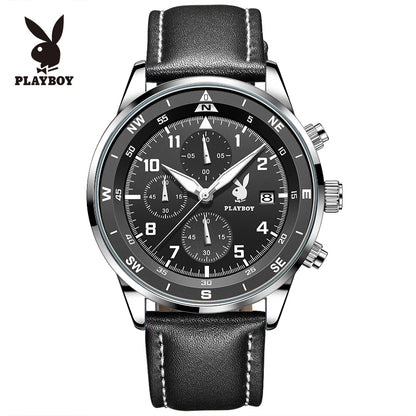 PLAYBOY Luxury Quartz Men's Watches Fashion Casual Leather Strap Sports Chronograph Wristwatch Original Waterproof Watches 3303