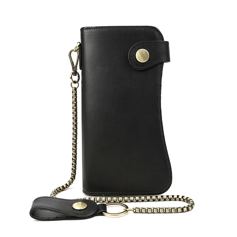 Men's Genuine Leather Wallet Chain Snap Bifold Purse Crazy Horse Leather Card Case Phone Card Holder Clutch Dragon Wallet