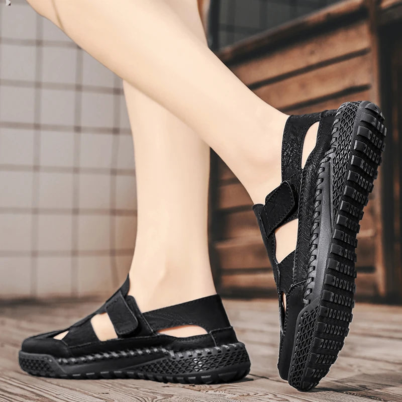 Male Casual Leather Summer Shoes Versatile Men's Sandals Durable Handmade Stitching Besch Shoes Non Slip Roma Footwear Sandals