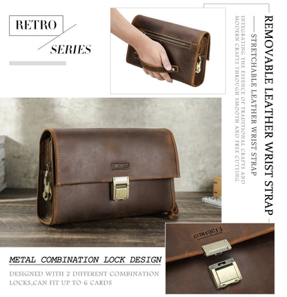 CONTACT'S Genuine Leather Clutch Bags Men Password Retro Wrist Strap Handbag iPad Travel Business Fitness Clutch Wallet