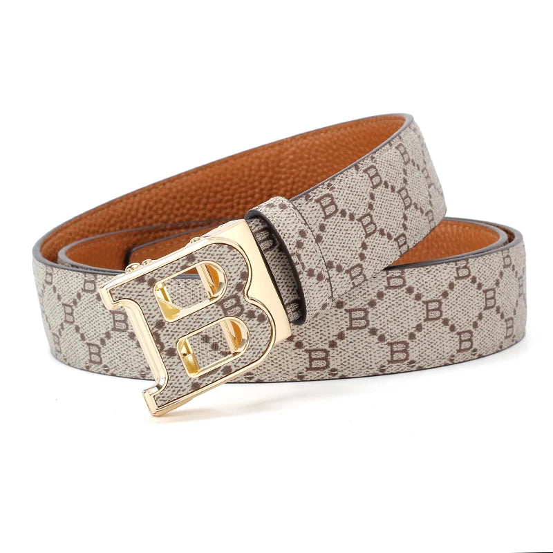 Classic B Print Leather Belt for Men - Adjustable Ratchet Buckle Dress Belt for Suits & Trousers