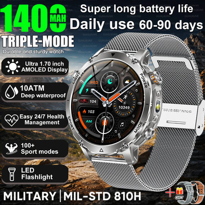 Newly Durable 1400mAh Large Battery Smart Watch Men 1.7" HD Screen IP68K Waterproof LED Flashlight Sports BT Call Smart Bracelet