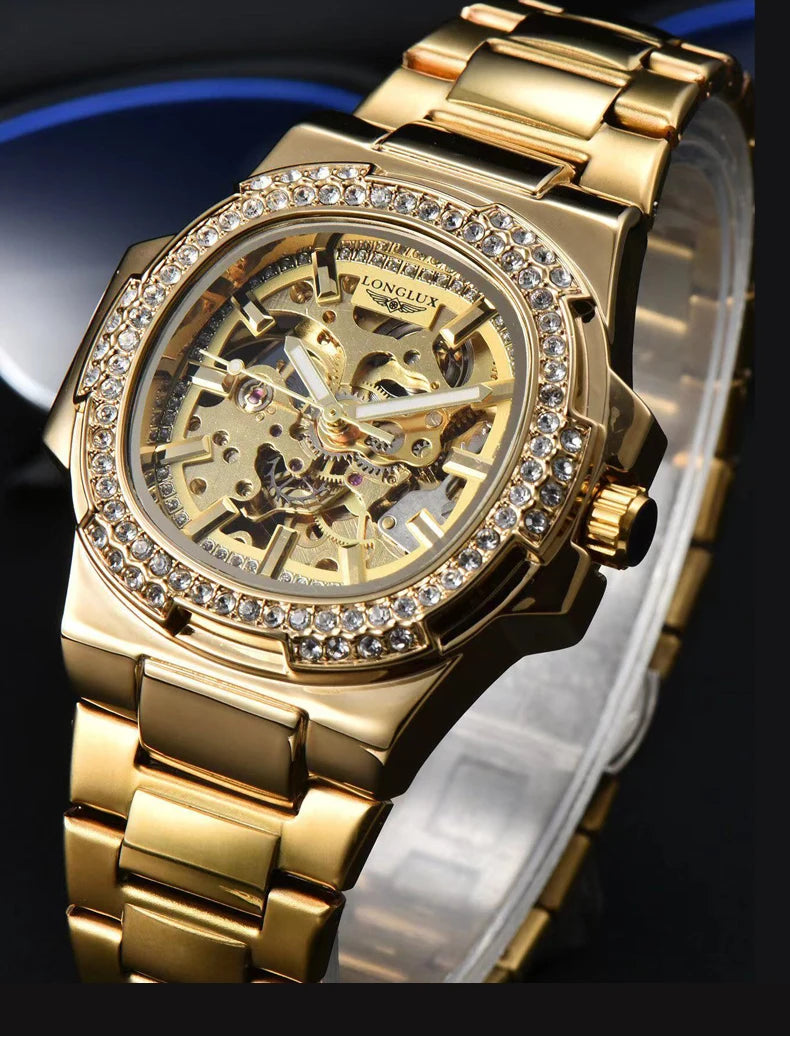LONGLUX Automatic Man Watch Luxury Stainless Steel Wholesale Mechanical Wristwatches Skeleton Waterproof Diamond Watch Man Watch