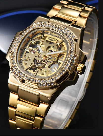 LONGLUX Automatic Man Watch Luxury Stainless Steel Wholesale Mechanical Wristwatches Skeleton Waterproof Diamond Watch Man Watch