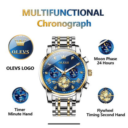 OLEVS Men's Watches Classic Multifunctional Flywheel Chronograph Original Quartz Wristwatch Moon Phase 24 Hour Waterproof Reloj
