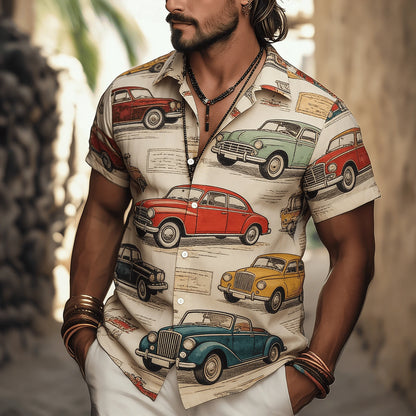 Men's Ethnic Tribal Geometric Print Short Sleeve Shirt, Vintage Pattern Button Down For Spring Summer Casual