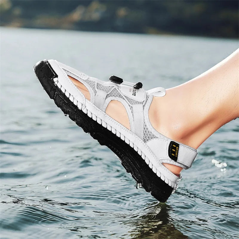 Men's Handmade Simple Letter-Print Sandals, Summer Beach Hollow Sandals, Fashionable Velcro Men's Shoes, Outdoor Hiking and River-Tracing Shoes, Comfortable, Breathable, Wear-Resistant, Non-Slip, Large Size Men's Shoes