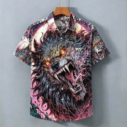 Men's Domineering Wolf Head Printed Short Sleeved Shirt with Wild Style and Personality Suitable for Street Shirts
