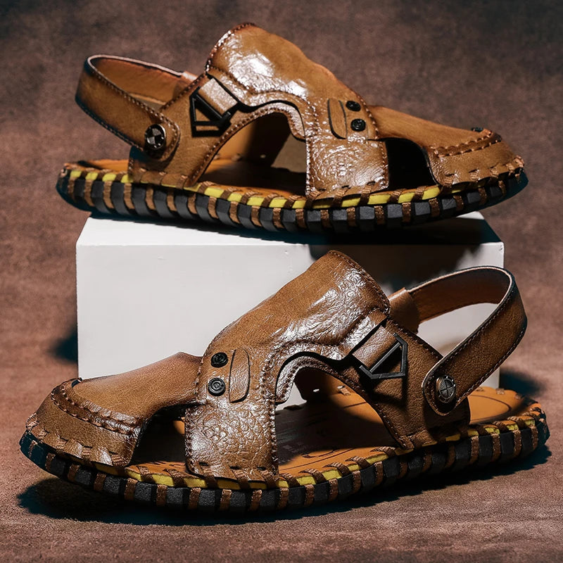 Handmade Men's Summer Sandals Genuine Leather Beach Rubber Flip Flops Classic Roman Male Sandals Outdoor Dual-Purpose Slippers