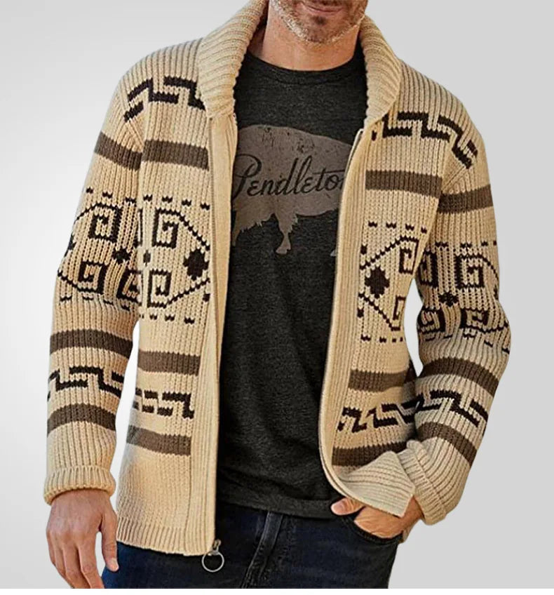 Men's Geometric Knit Cardigan Shawl Collar Full Zip-Up Tribal Print Sweater Chunky Ribbed Knit Vintage Navajo-Inspired Jacket