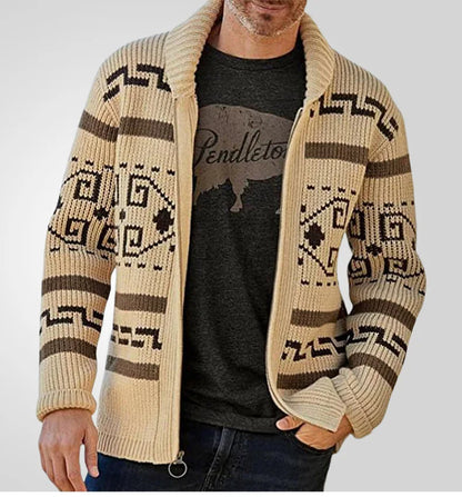 Men's Geometric Knit Cardigan Shawl Collar Full Zip-Up Tribal Print Sweater Chunky Ribbed Knit Vintage Navajo-Inspired Jacket