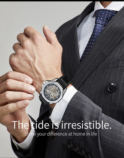 LONGLUX Automatic Watch Sport Style Wholesale Mechanical Wristwatches Fashion Hollow Leather Mens Watch Men Gift