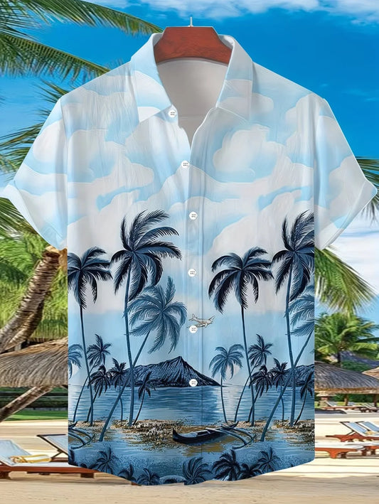 Men's Coconut Tree Graphic Print Short Sleeve Lapel Shirt Tops Men's Casual Button-Down Shirts for Summer Daily Wear Men Clothes