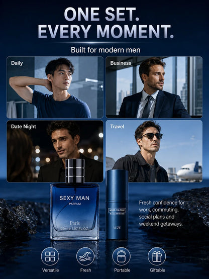 2PCS Men's Cologne Set No Box Long Lasting Fresh Marine Perfume Spray + Solid Cologne Portable Travel Gift for Men