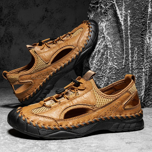 Summer Men Full Casual Leather Hand Stitch Big Size Outdoor Beach Sandals Closed Toe Non Slip Comfort New Summer Walking Shoes