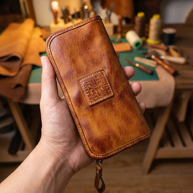 YETTIES Men's Vegetable Tanned Leather Long Clutch Wallet Large Capacity Multi-Function Document Vintage Business Handheld Purse